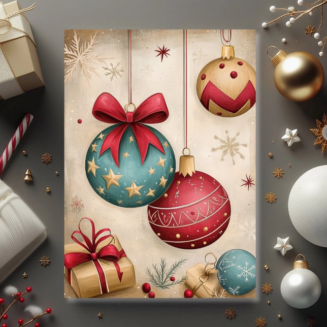 Vintage-Ornament-Schatz  Karte (Vintage ornaments and bows create a timeless Christmas greeting card)