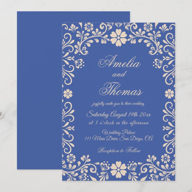 Vintage Ornamente Blaue Hochzeit Einladung (Vorne/Hinten)