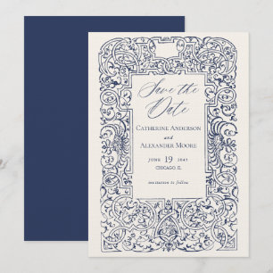 Vintage Ornamente Rahmen Elegant Blaue Hochzeit Save The Date