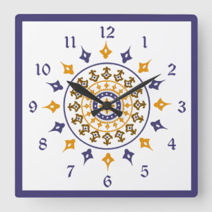 Vintage Ornate Blue Orange Numbered Wall Clock Quadratische Wanduhr