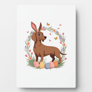 Vintage-Oster-Dachshund-Hase-Hund mit floralem Ei Fotoplatte