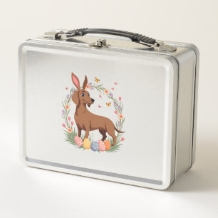 Vintage-Oster-Dachshund-Hase-Hund mit floralem Ei Metall Brotdose