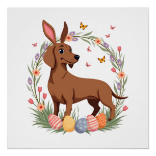 Vintage-Oster-Dachshund-Hase-Hund mit floralem Ei Poster