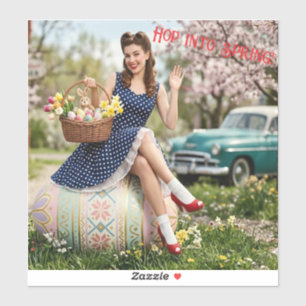 Vintage-Oster-Pin-Up-Aufkleber   Hopp ins Frühling Aufkleber