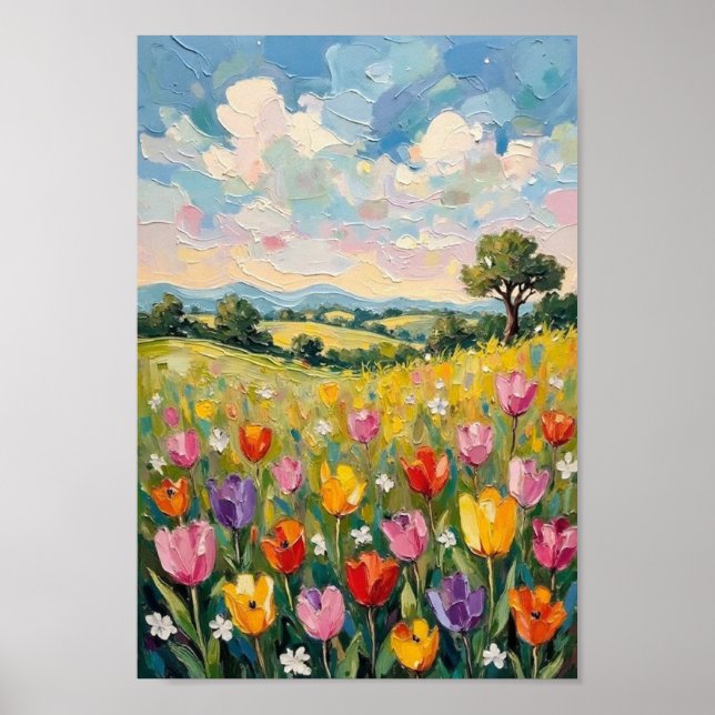 Vintage-Oster-Tulpenfeld-Frühlingskunst Poster (Vorne)
