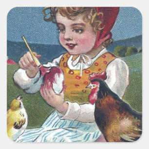Vintage-Osterbild Mädchen beim Eiermalen mit Hühne Quadratischer Aufkleber