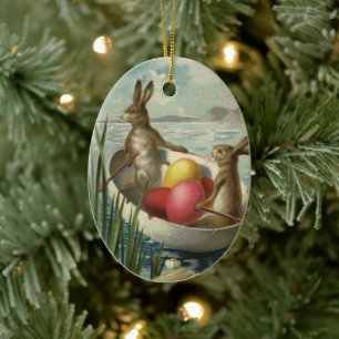 Vintage Osterbrunnen in einem Boot mit Ostereiern Keramik Ornament