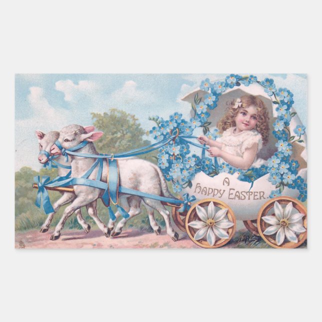 Vintage Osterdarstellung mit Mädchen und Lämmern Rechteckiger Aufkleber (Vorderseite)