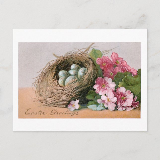 Vintage Ostereier, Nest & Pink Polyanthus Postkarte (Vorderseite)