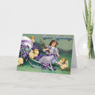 Vintage-Ostergrüße Mädchen Ei Küken Karren Karte