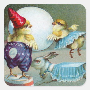 Vintage-Ostergrüße Wünsche Küken Zirkus Quadratischer Aufkleber
