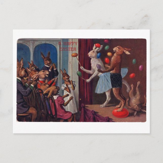 Vintage Ostergrußkarte - Juggling Bunnies Postkarte (Vorderseite)