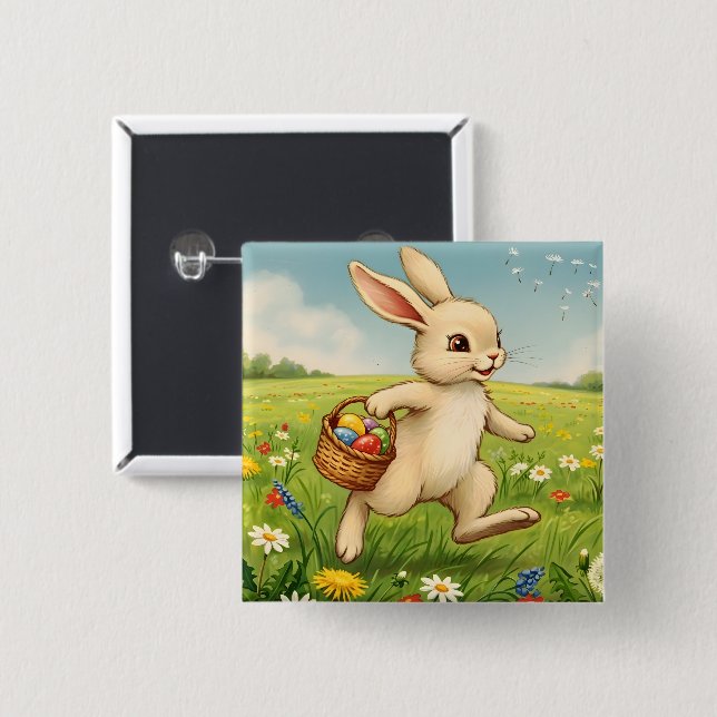 Vintage-Osterhase auf Frühlingswiese  Button (Vorne & Hinten)