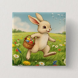 Vintage-Osterhase auf Frühlingswiese Button