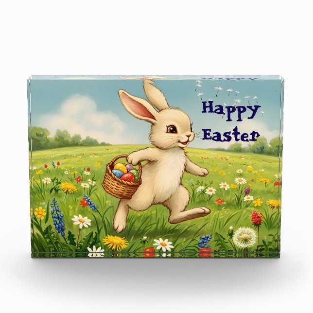 Vintage-Osterhase auf Frühlingswiese  Fotoblock (Vorderseite)