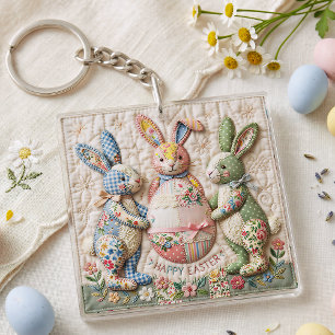 Vintage-Osterhase-Faux-Patchwork-Quilt-Druck Schlüsselanhänger
