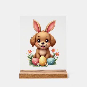 Vintage-Osterhase-Hund-Süße-Welpen-Illustration w Acrylschild
