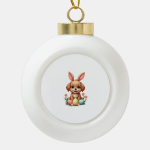 Vintage-Osterhase-Hund-Süße-Welpen-Illustration w Keramik Kugel-Ornament