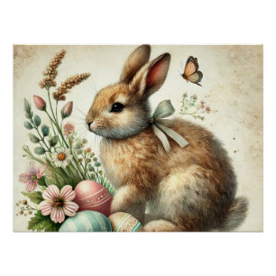 Vintage-Osterhase-Kaninchen-Ei-Aquarell Poster