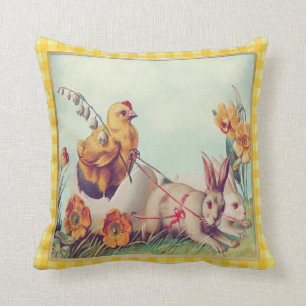Vintage-Osterhase & Küken in Büffel-Karo Kissen