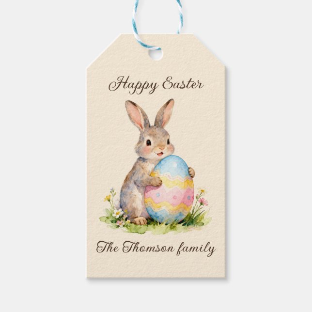 Vintage-Osterhase mit Ei Familie zum Osterfest Geschenkanhänger (Vorderseite)