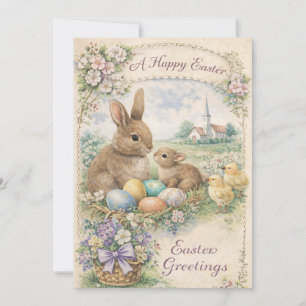 Vintage-Osterhase und Küken in Pastell Feiertagskarte