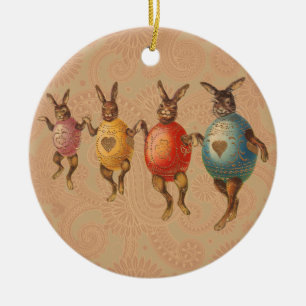 Vintage-Osterhasen beim Tanzen mit Ei-Kostümen Keramikornament