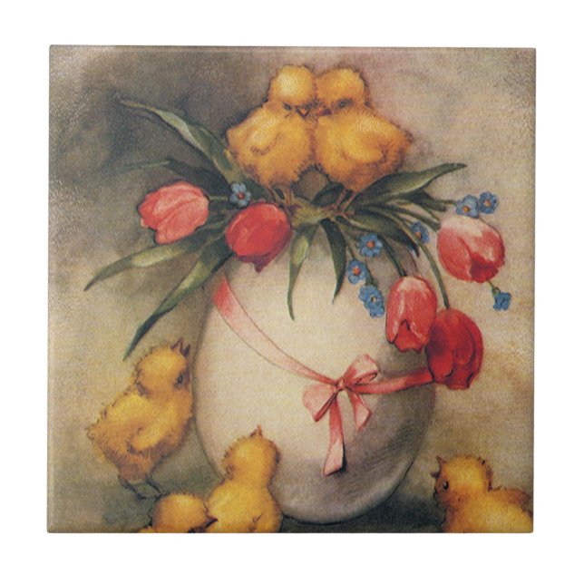 Vintage Osterhühner, Ei mit Red Tulip Blume Fliese (Vorderseite)