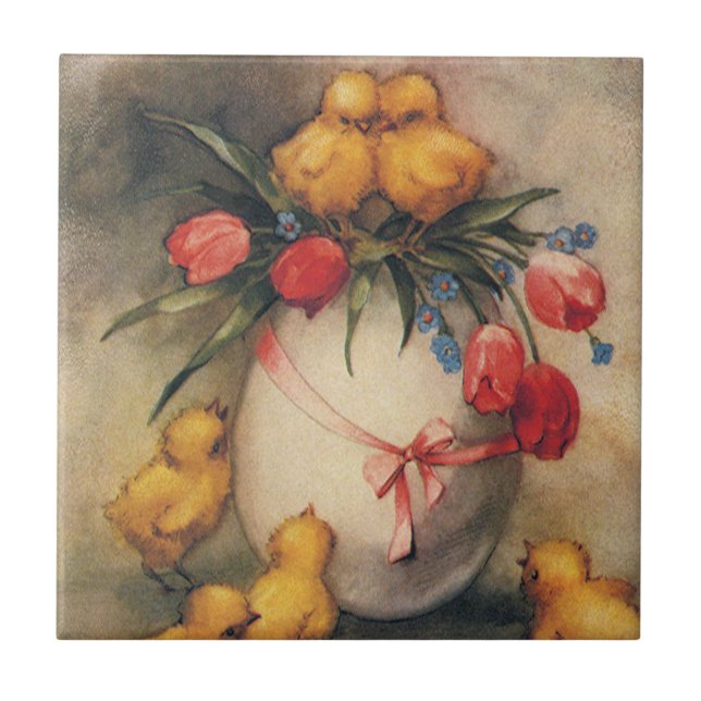 Vintage Osterhühner, Ei mit Red Tulip Blume Fliese (Vorderseite)