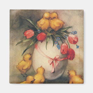 Vintage Osterhühner, Ei mit Red Tulip Blume Magnet