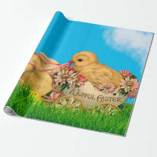 Vintage Osterhühner mit Blauem Himmel und Ostern Geschenkpapier