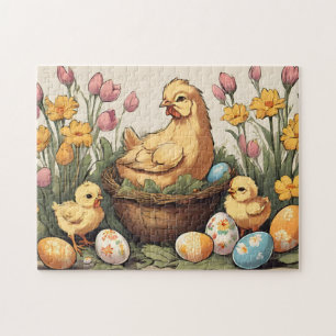 Vintage Osterhühnerfamilie im Frühjahrsgarten Puzzle