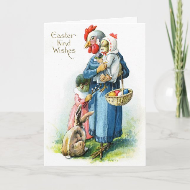 Vintage Osterkarte - Mama Hen und Freunde Karte (Vorderseite)