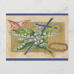 Vintage-Osterkreuz Dornen Blumen Schmetterling Postkarte