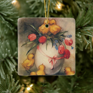 Vintage-Osterküken, Ei mit roten Tulpenblumen Keramikornament