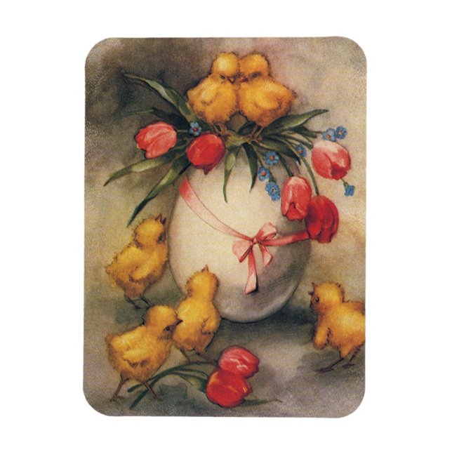 Vintage Osterküken mit Red Tulip Blume Magnet (Vertikal)