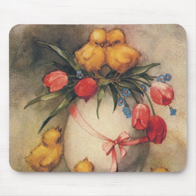 Vintage Osterküken mit Red Tulip Blume Mousepad (Vorne)