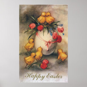 Vintage Osterküken mit Red Tulip Blume Poster