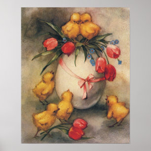 Vintage Osterküken mit Red Tulip Blume Poster