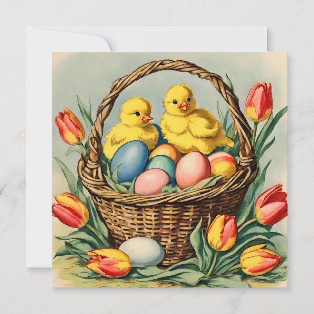 Vintage Osterküken mit Tulpen Einladung (Vorderseite)