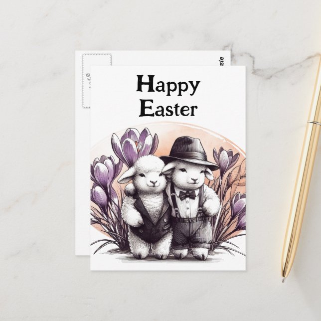 Vintage Osterlämmer im Anzug Postkarte (Vorderseite/Rückseite Beispiel)