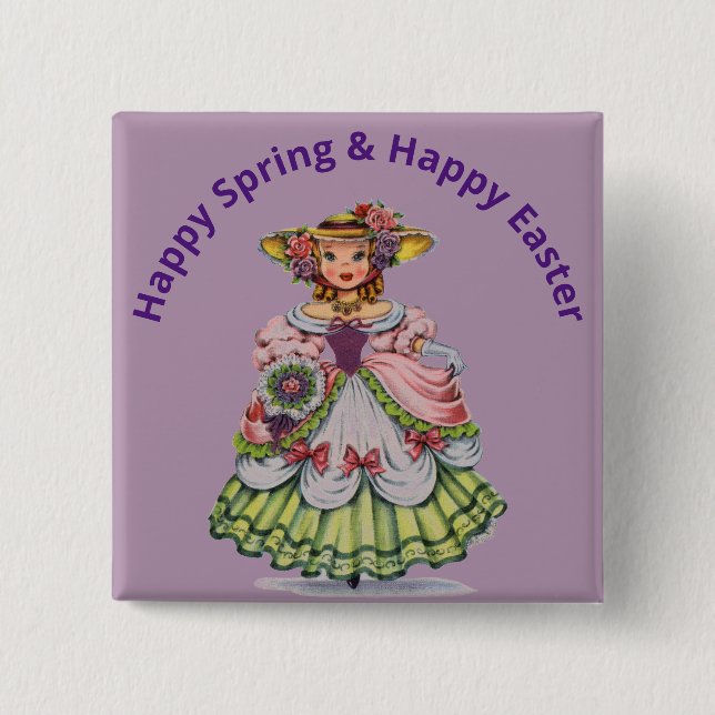 Vintage-Ostern-Fräulein-Button-Pin Button (Vorderseite)