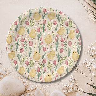 Vintage Ostern Süße Gelbe Küken Rote Tulpen Pappteller