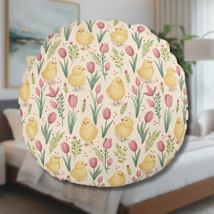 Vintage Ostern Süße Gelbe Küken Rote Tulpen Rundes Kissen