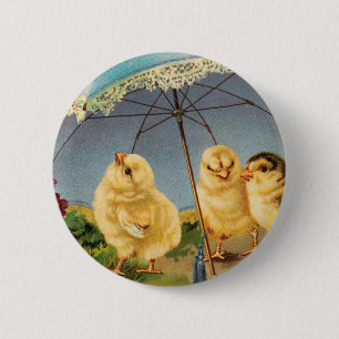Vintage Ostern Süße Küken unter einem Sonnenschirm Button