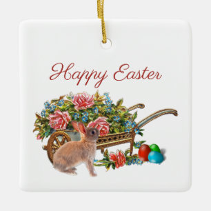 Vintage OsterRose in der Schubkarre mit Kaninchen Keramikornament