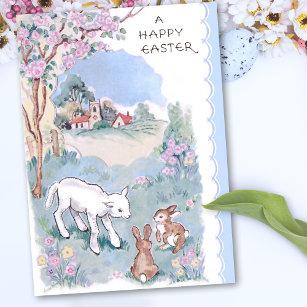 Vintage Osterwünsche mit Lamm & Bunnies Feiertagskarte