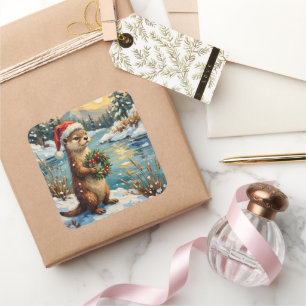 Vintage Otter mit Weihnachtskranz von Frozen Quadratischer Aufkleber