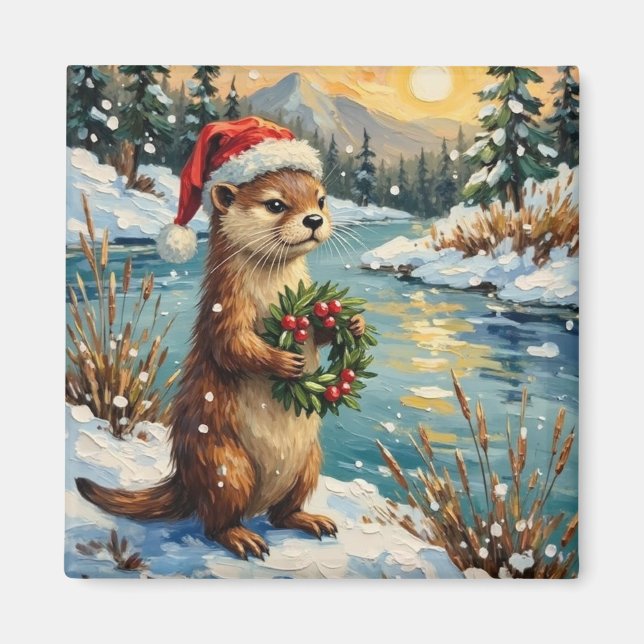 Vintage Otter with Christmas Wreath by Frozen Magnet (Vorne)
