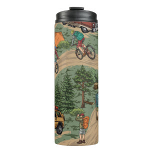 Vintage Outdoor-Muster: Wanderer, Fahrräder Thermosbecher